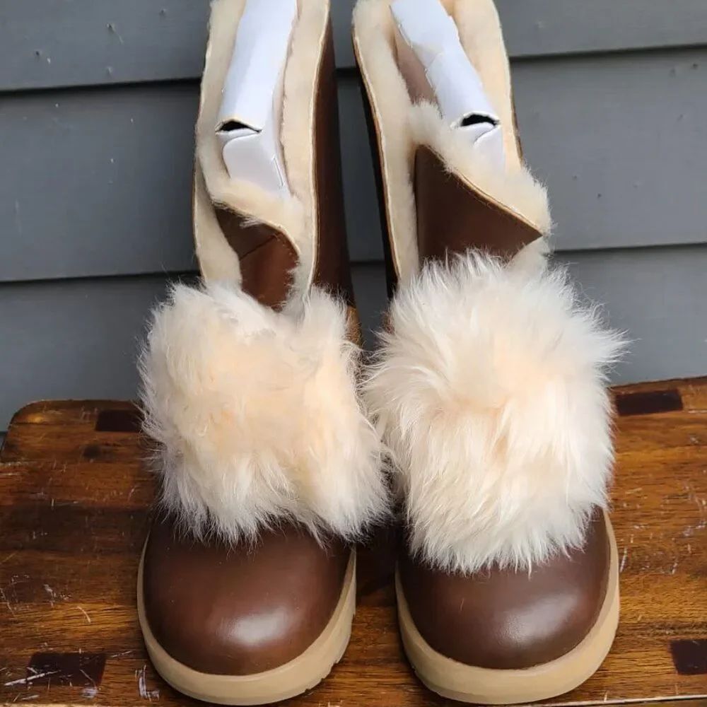 UGG Isley Brown Leather Chestnut Suede Waterproof Boots with Pom Pom size 9 1/2 - Picture 6 of 14